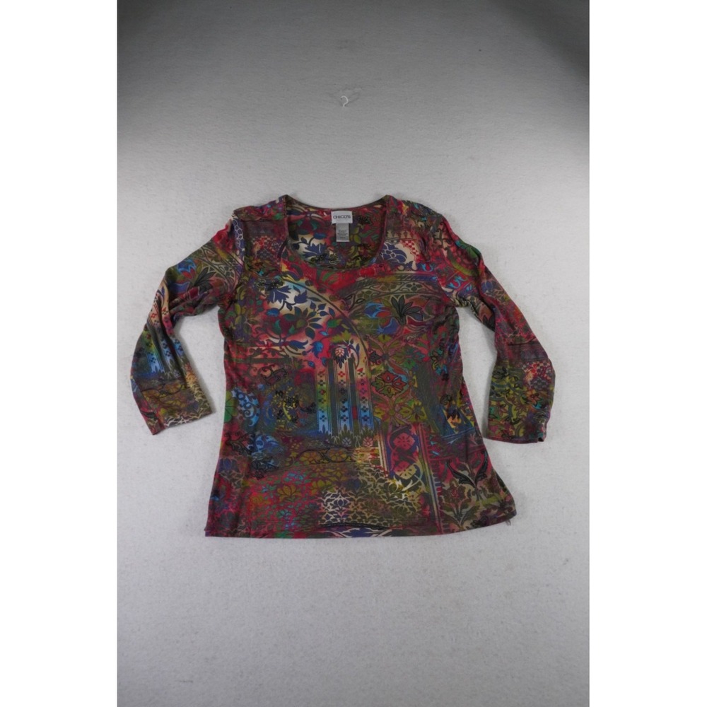 Chico's Blouse Top Women 0 Multicolor Floral Artsy Stretchy Bohemian Long Sleeve